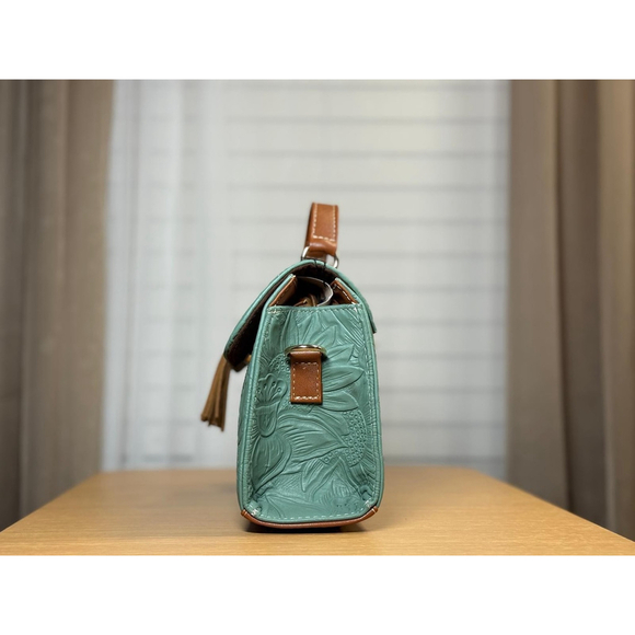 Sage Green Sunflower Embossed Tooled Artisan LEATHER Crossbody Handbag Purse - Picture 11 of 13